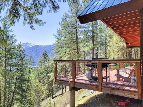 A wooden deck with a metal railing overlooking a forested area with mountains in the background.