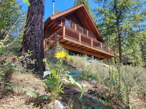 A wooden cabin with a balcony, surrounded by trees and vegetation.