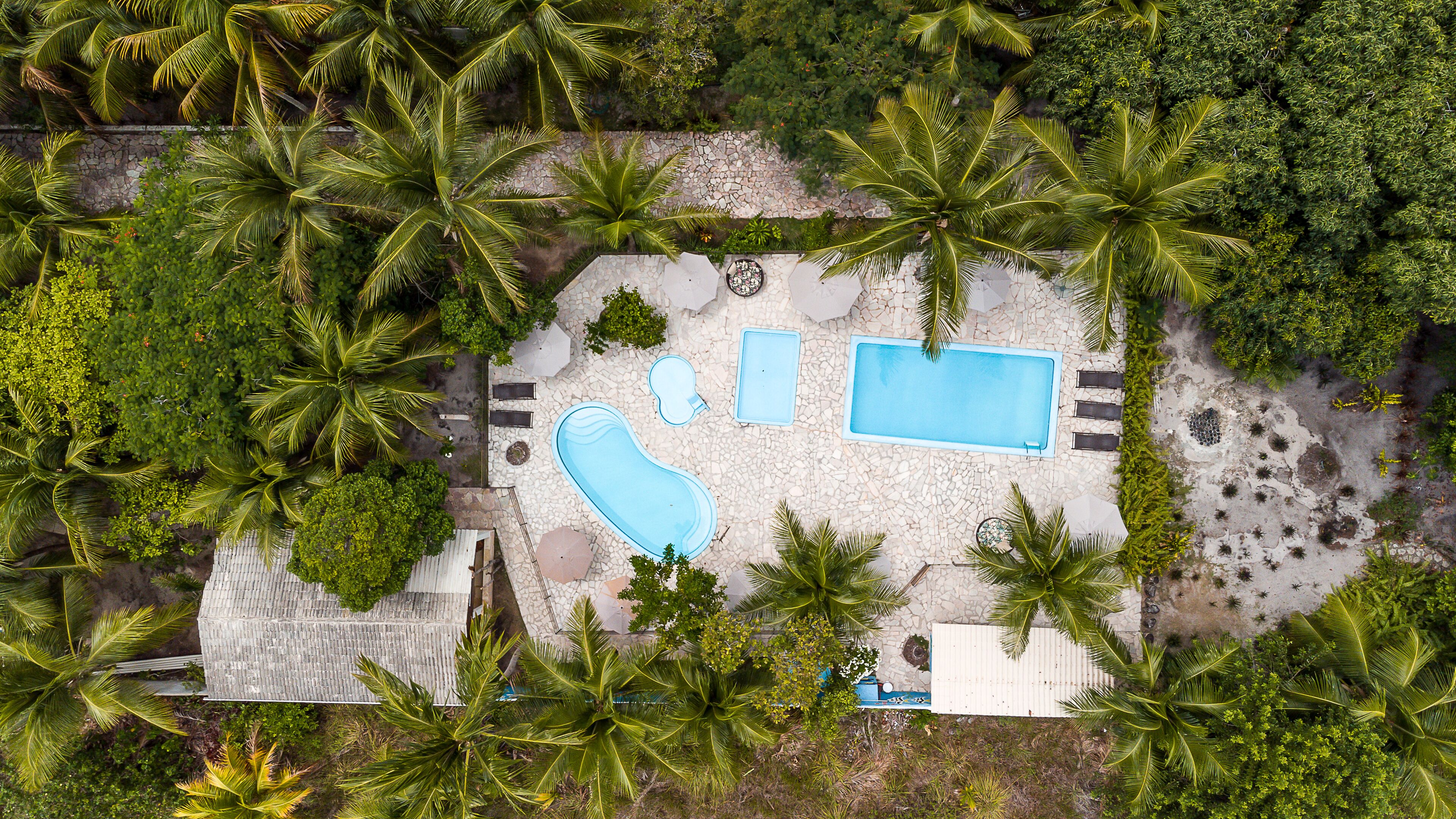 An aerial view of a resort with a swimming pool, lounge area, and surrounding palm trees.