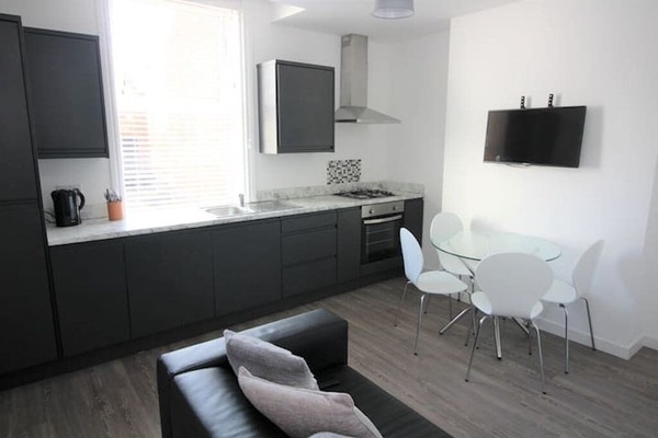 Open plan kitchen and living room.