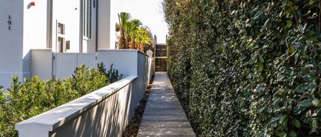 A narrow wooden pathway flanked by a white wall and dense green foliage, leading to a building with a white facade and multiple windows.