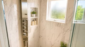 Shower, hair dryer, towels, soap
