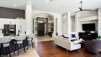 TV, fireplace, books