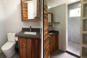 Shower, towels, soap, toilet paper