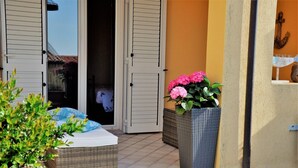 Un patio con un sofá de mimbre, una planta en maceta con flores rosadas y un ventanal corredero que da a una habitación.