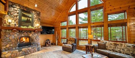 Smart-tv, een open haard, een dvd-speler en een filmbibliotheek