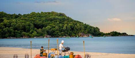 A beach with a sandy area, a body of water, and a forested hill in the background.