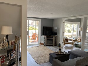 Smart TV, fireplace, books