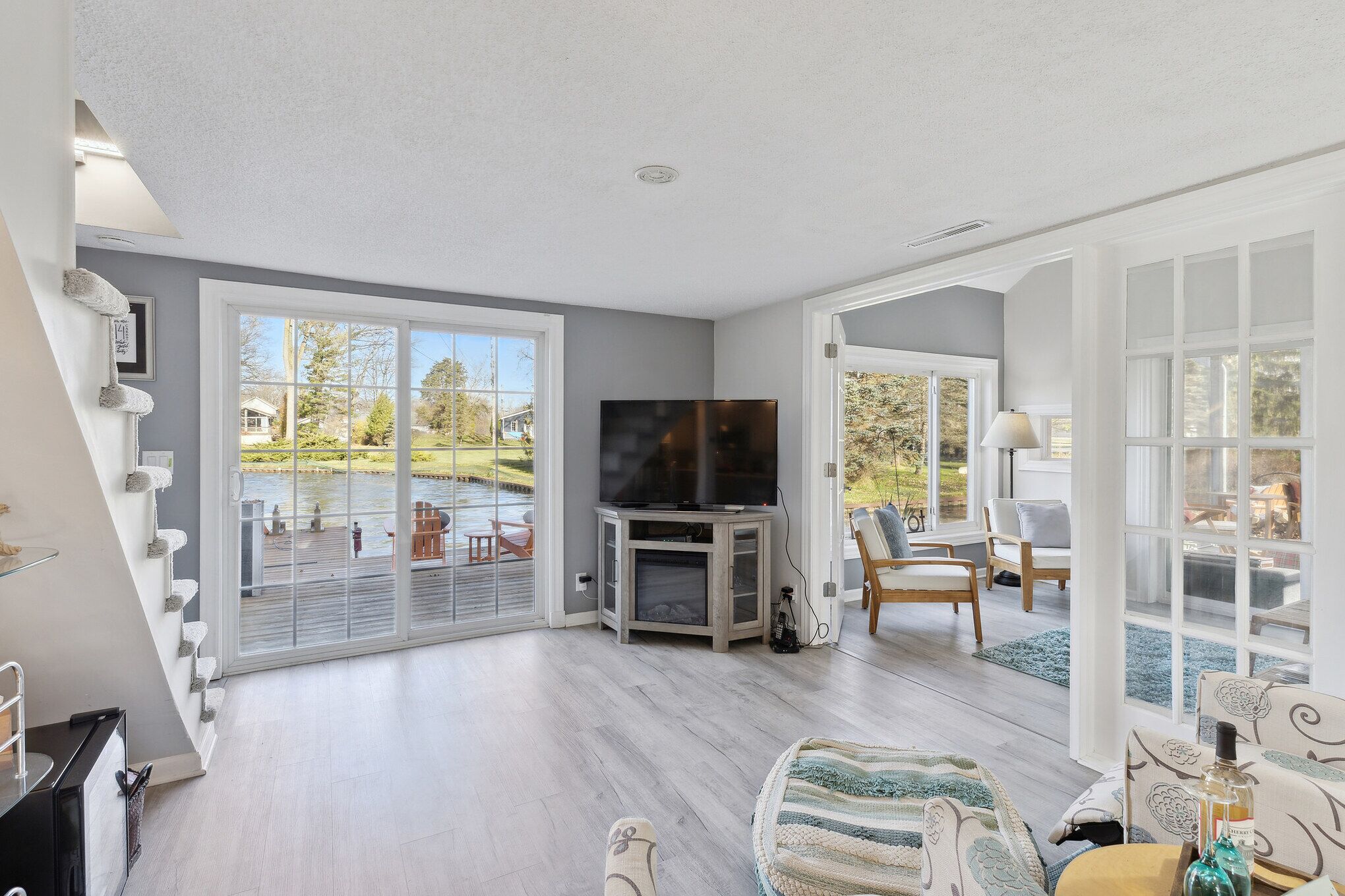 Smart TV, fireplace, books