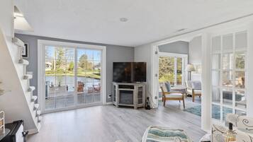 Smart TV, fireplace, books