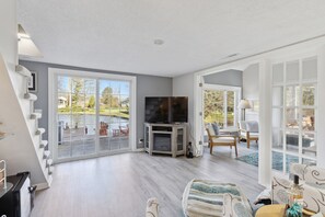 Smart TV, fireplace, books