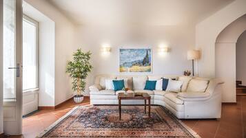Smart TV, fireplace, books, stereo