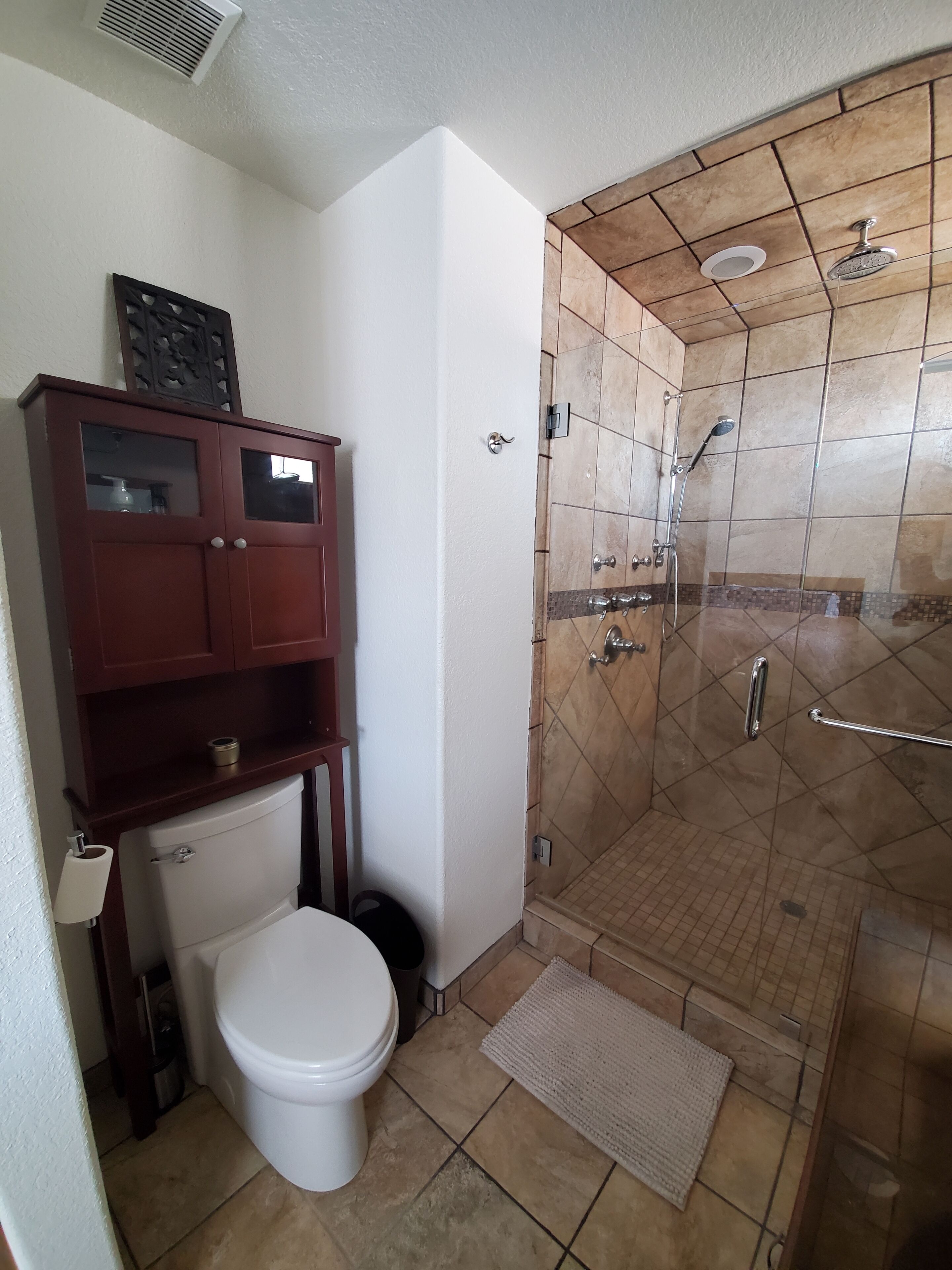 Een badkamer met een toilet, een kast en een douche.