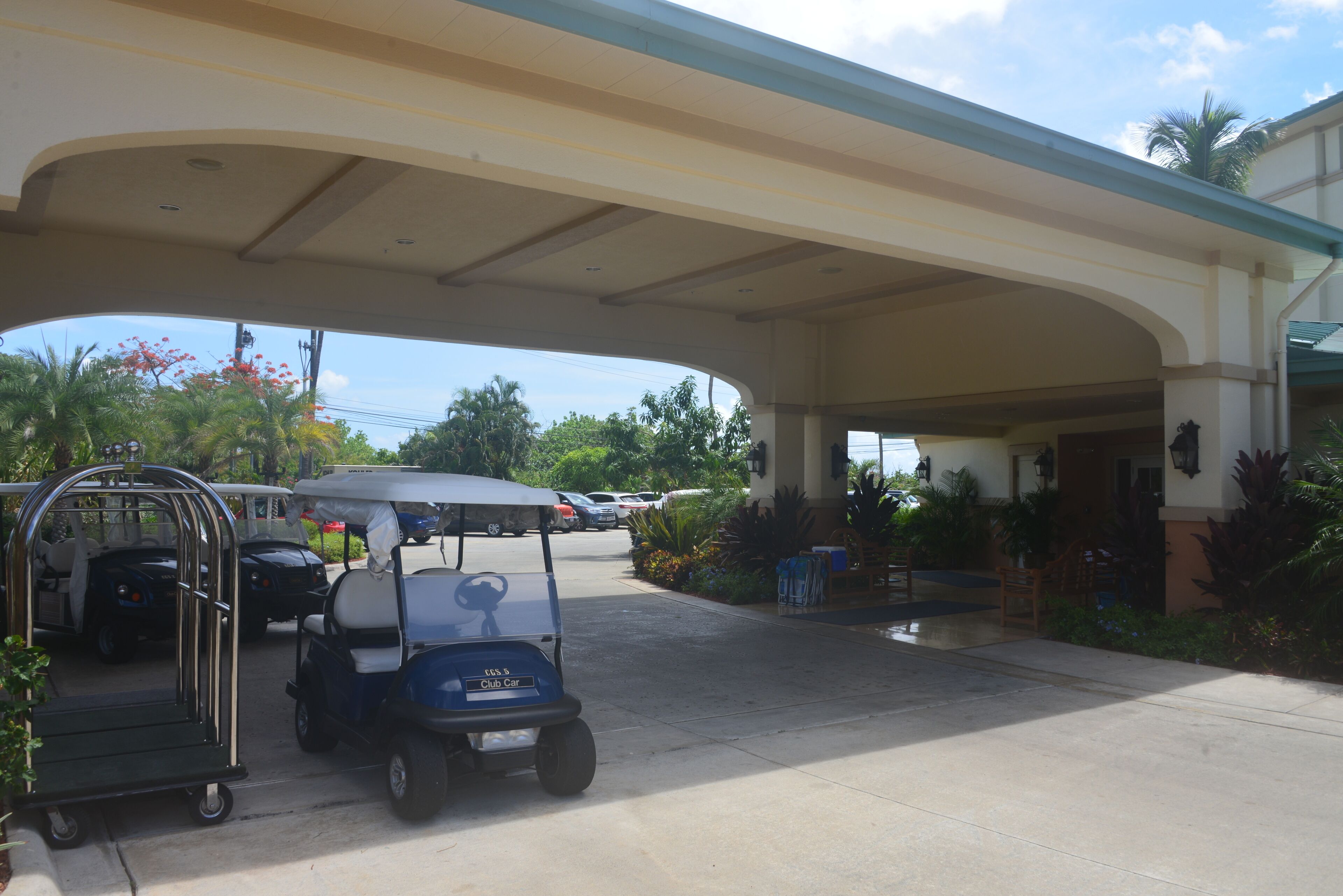 A covered parking area with a golf cart, a building entrance, and a palm tree.