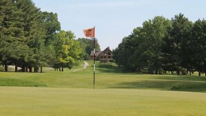 A golf course with a flag on a flagpole, surrounded by trees and a building in the background. - Charming guest house on 1.5 acre lake front property (Green Lake)