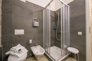 Shower, hair dryer, bidet, towels