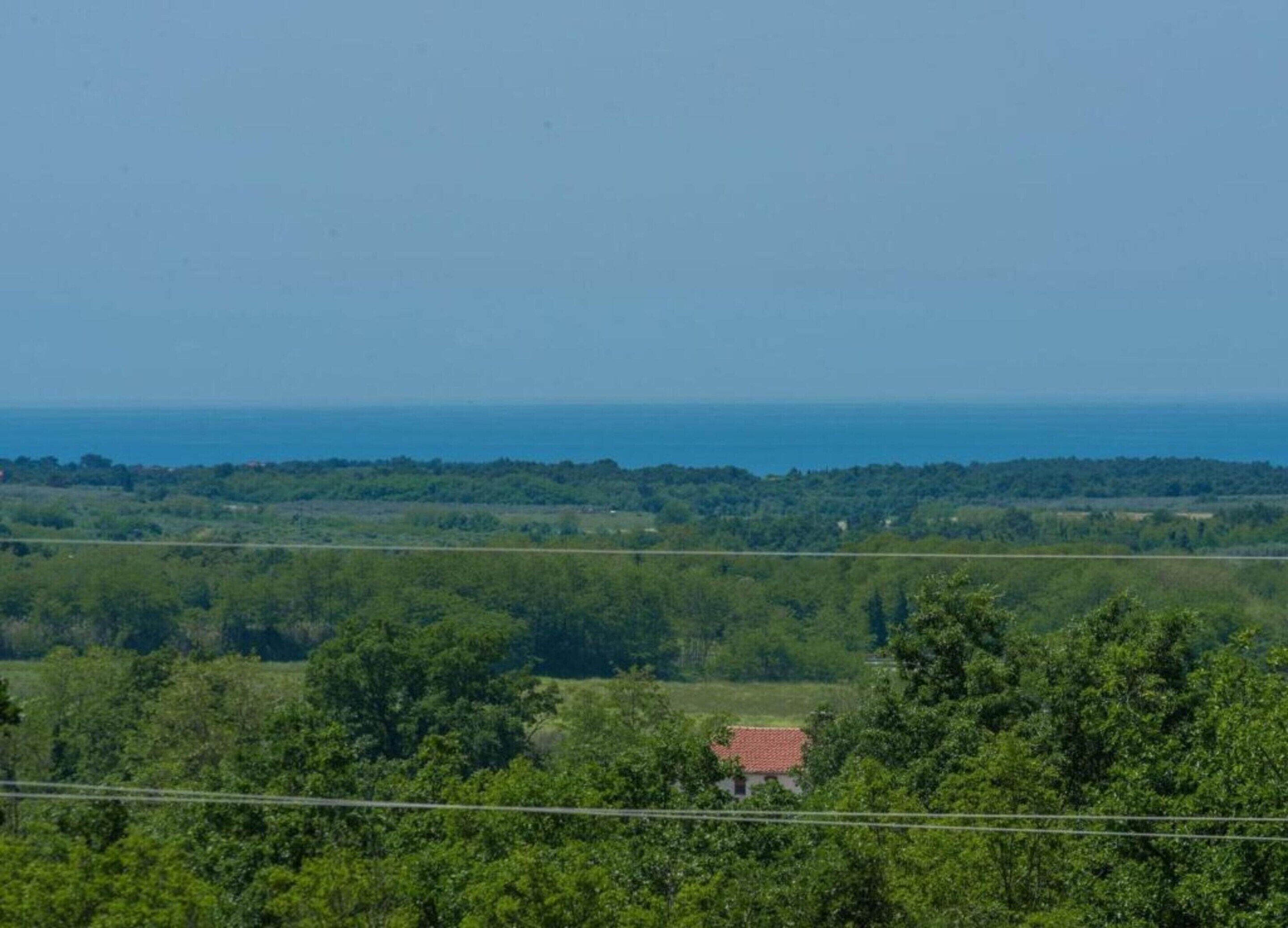 Un paysage rural avec une maison entourée de verdure et une vue sur la mer.