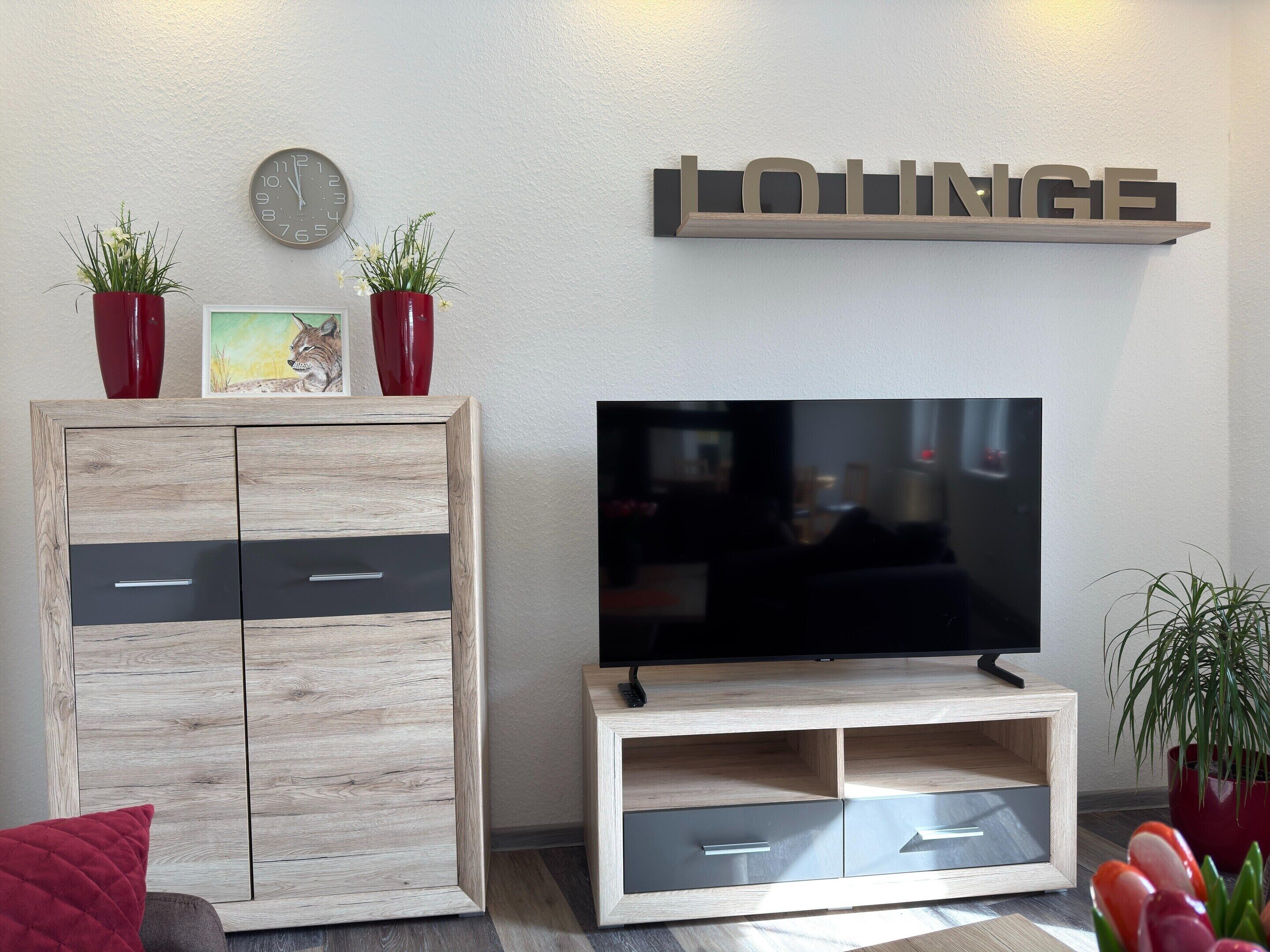 Olohuone, jossa on televisio puisen jalustan päällä, laatikoilla varustettu kaappi, kello ja hylly, jossa on sana »LOUNGE».