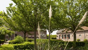 Un jardín tranquilo con un estanque, abundante vegetación y casas de ladrillo tradicionales.