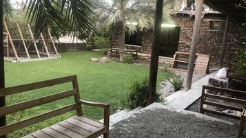 A wooden bench in a garden area with a stone wall and palm trees.