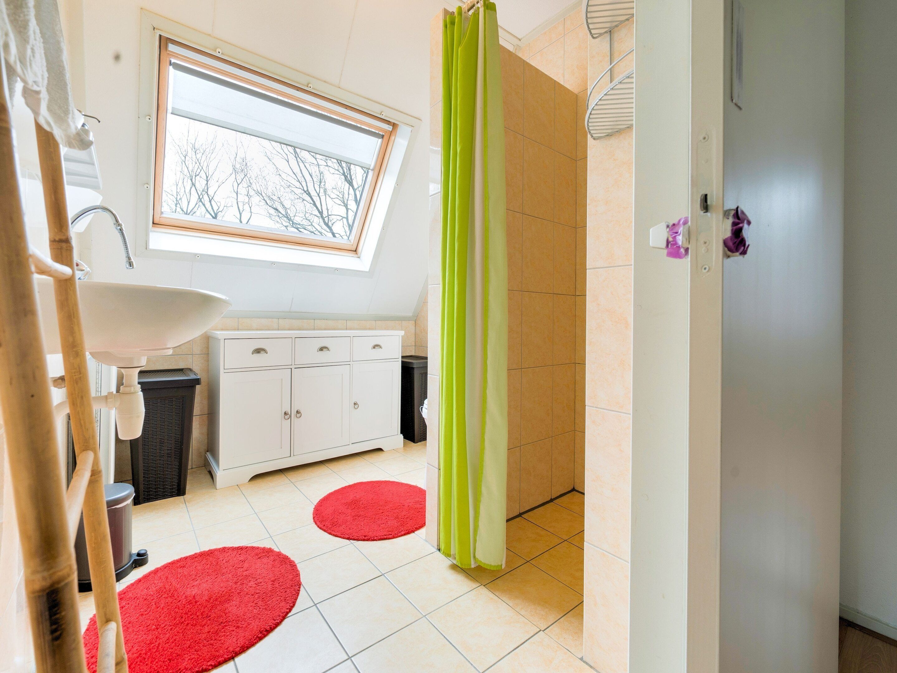 A bathroom with a skylight, white cabinets, a sink, a toilet, and two red rugs.