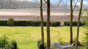 A grassy field with a hammock tied between trees, a hedge, and a distant view of a plowed field and trees. - Vacation Home With Jacuzzi (Schoonloo)