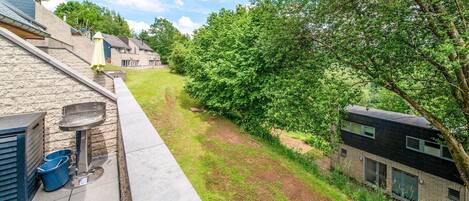 A residential backyard with a patio, a barbecue grill, and a large tree.