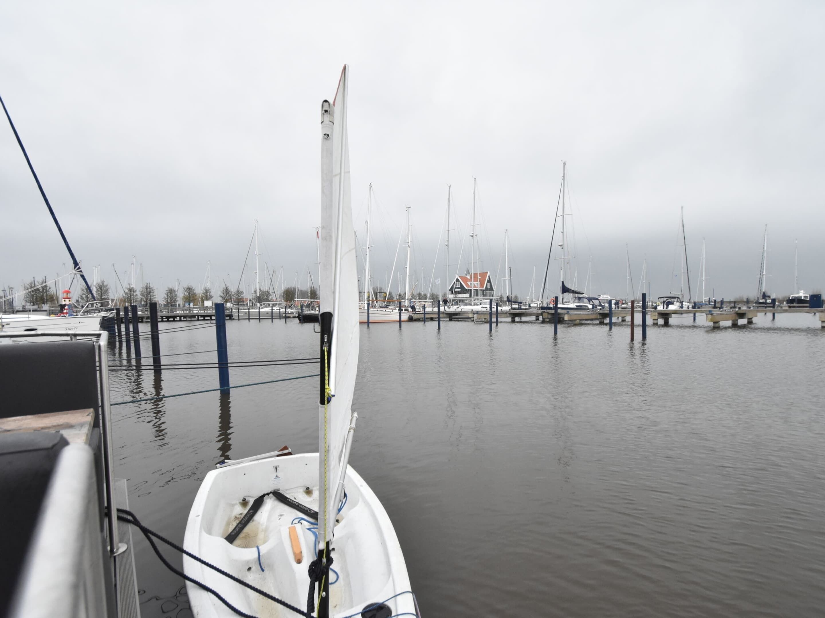 A marina with multiple sailboats docked.
