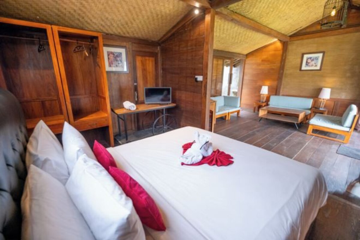 Une pièce en bois comprenant un lit, un bureau, un téléviseur et des coins salon.