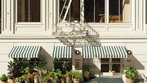 A hotel with a fire escape, potted plants, and striped awnings.