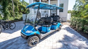 Ein blauer Golfwagen steht auf einem befestigten Weg.