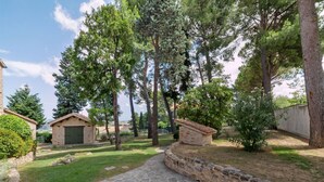 Un sendero de piedra que conduce a un edificio rústico con una puerta verde, rodeado de altos árboles y un área con césped.