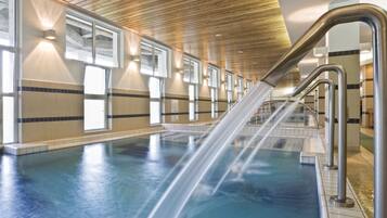 5 indoor pools, open 7:00 AM to 9:00 PM, pool loungers