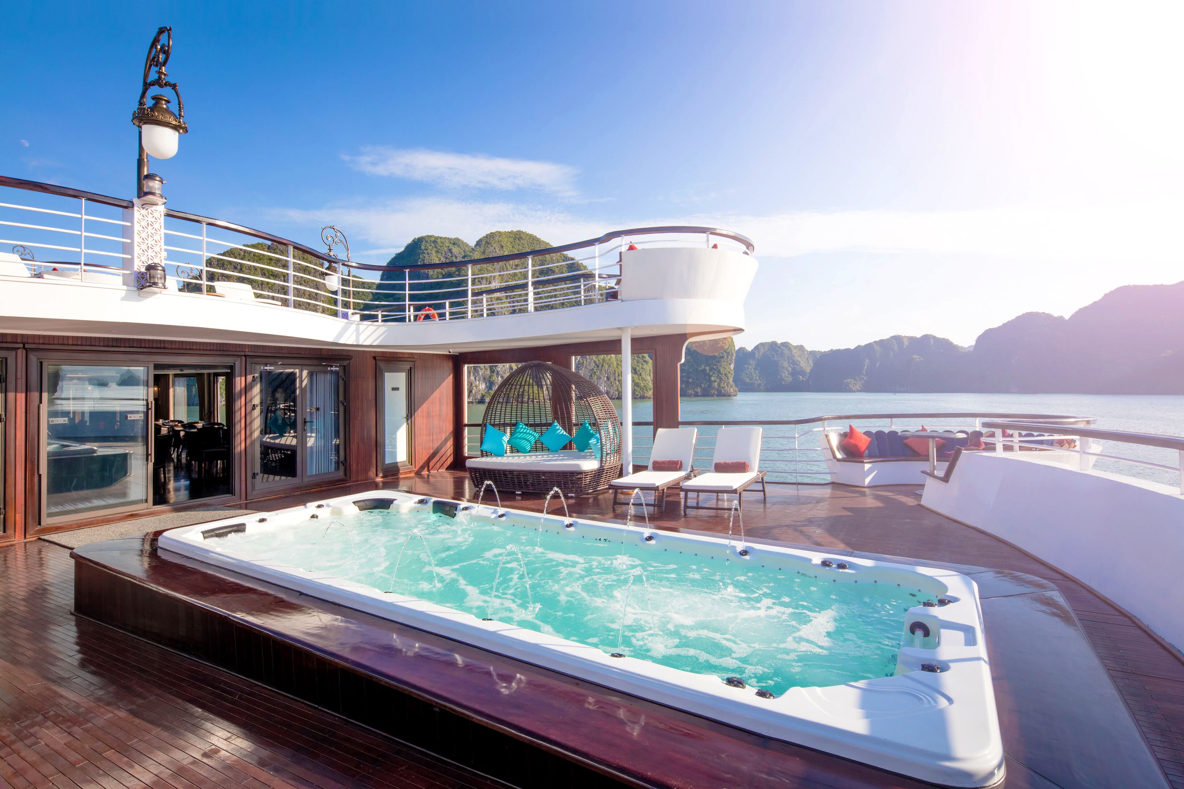 Outdoor pool, pool umbrellas, pool loungers