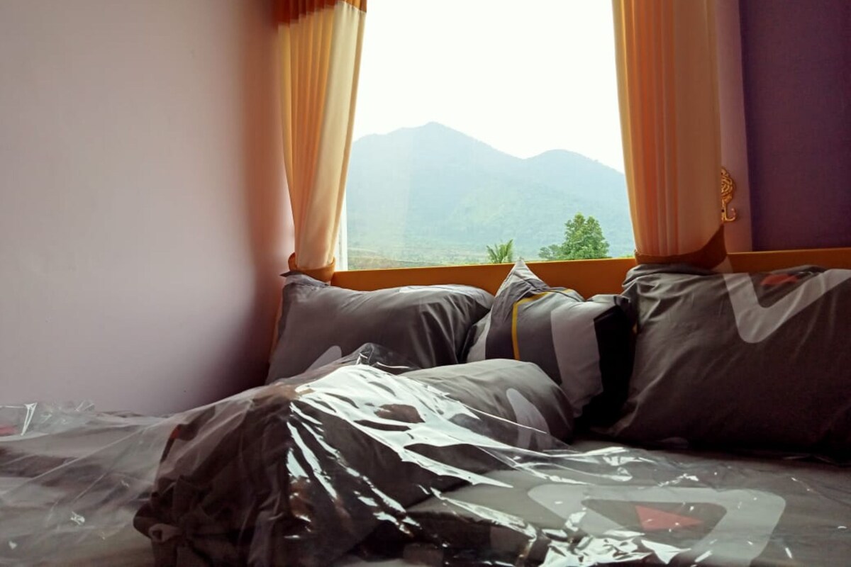 A bedroom with a bed, curtains, and a view of mountains through a window.