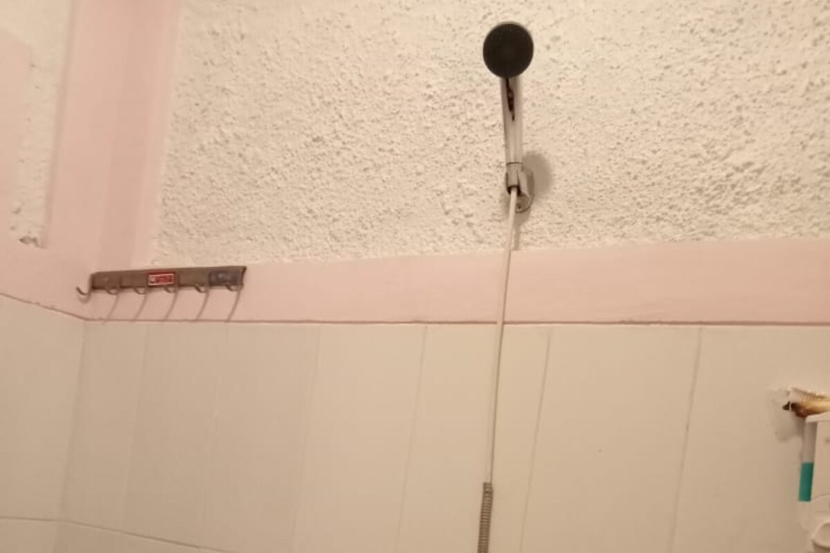 A shower with a handheld showerhead and a wall-mounted faucet.