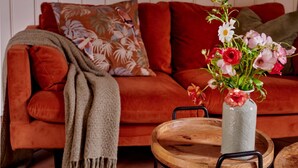 A cozy living room with a red sofa, a patterned throw blanket, and a wooden coffee table with a vase of flowers.