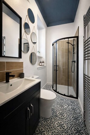 Shower, hair dryer, towels