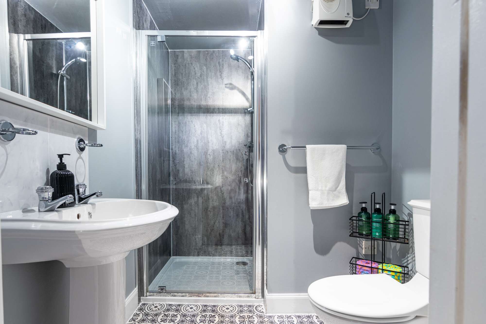 Shower, hair dryer, towels