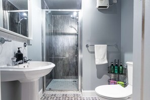 Shower, hair dryer, towels