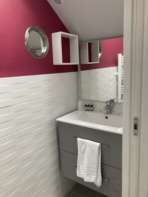 Shower, bidet, towels, shampoo