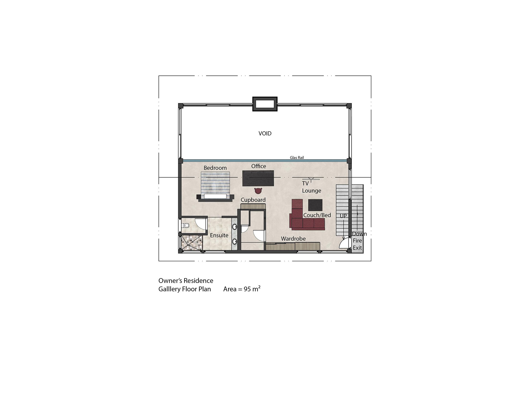 Plan d’étage d’une galerie d’exposition aménagée dans la résidence du propriétaire, comprenant une chambre, un bureau, un salon avec télévision, un placard, un canapé-lit, une armoire, une salle de bain attenante et une sortie de secours.