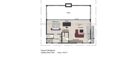 Plan d’étage d’une galerie d’exposition aménagée dans la résidence du propriétaire, comprenant une chambre, un bureau, un salon avec télévision, un placard, un canapé-lit, une armoire, une salle de bain attenante et une sortie de secours.