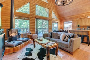 Smart TV, fireplace, DVD player, books