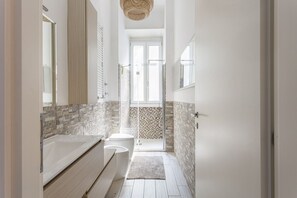 Shower, hair dryer, bidet, towels