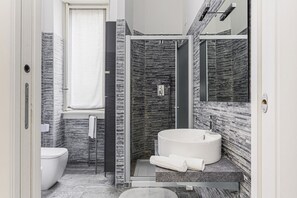 Shower, hair dryer, bidet, towels