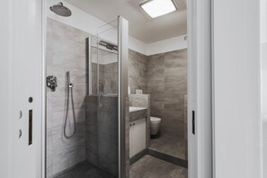 Shower, hair dryer, bidet, towels