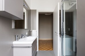 Shower, hair dryer, bidet, towels