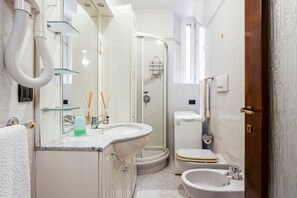 Shower, hair dryer, bidet, towels