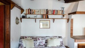 Une pièce confortable avec un lit, une bibliothèque et une cheminée.